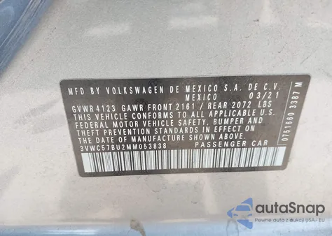 2021 Volkswagen Jetta 1.4T R-Line/1.4T S/1.4T Se z USA, uszkodzony, nr VIN 3VWC57BU2MM053838